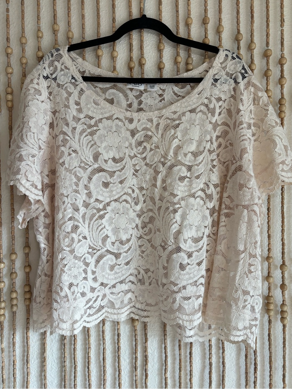 Cream Coquette Feminine Boho Scalloped Hem Sheer Layering Short Sleeve Crop Top